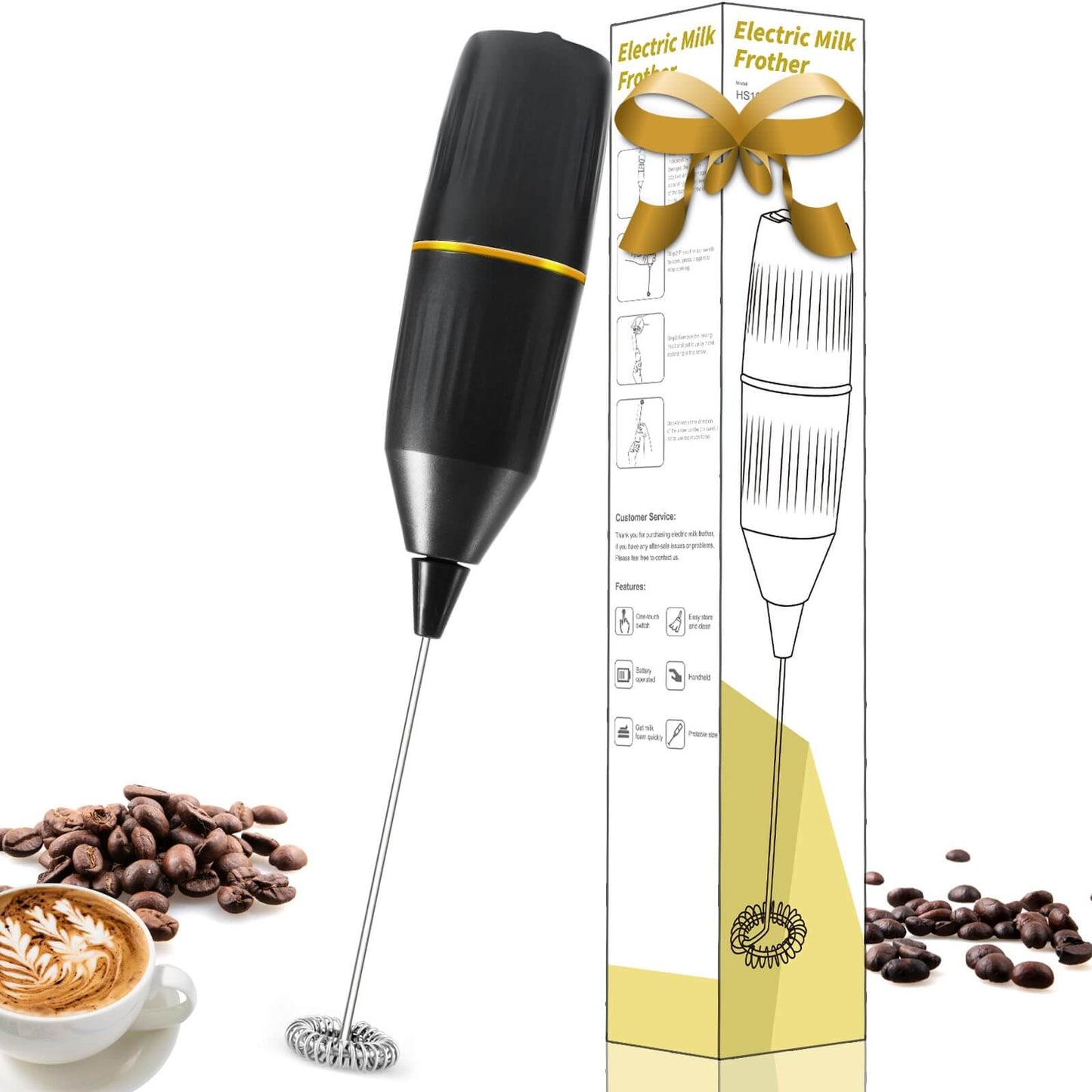 Handheld milk frother in black with packaging, ideal for lattes, cappuccinos, and coffee bar accessories.