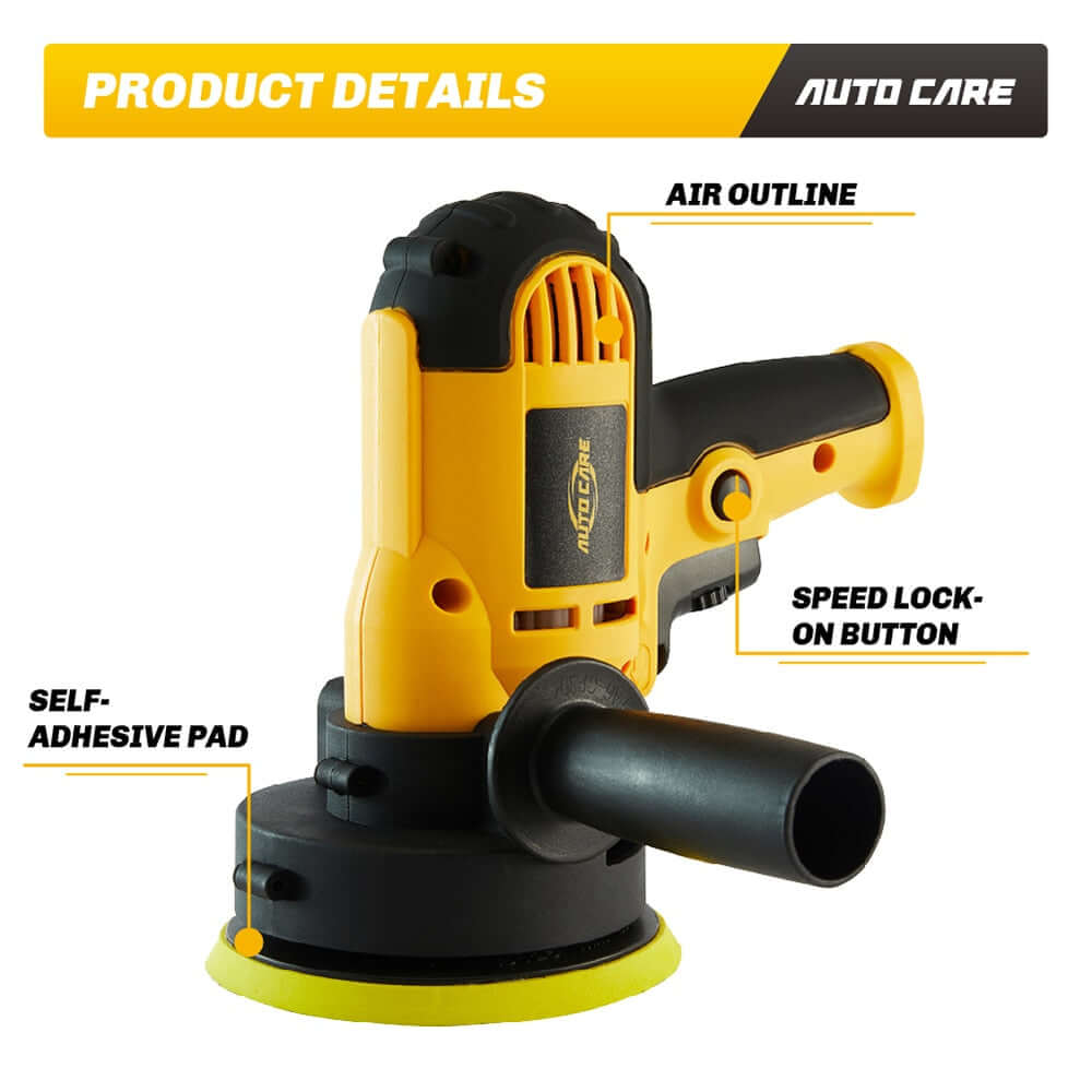 Close-up view of the Electric Car Polisher Tool highlighting features like speed lock button and self-adhesive pad.