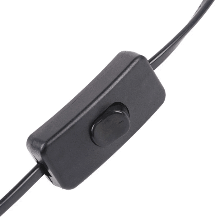 Close-up of a black switch on a cable, used for controlling electronic devices.