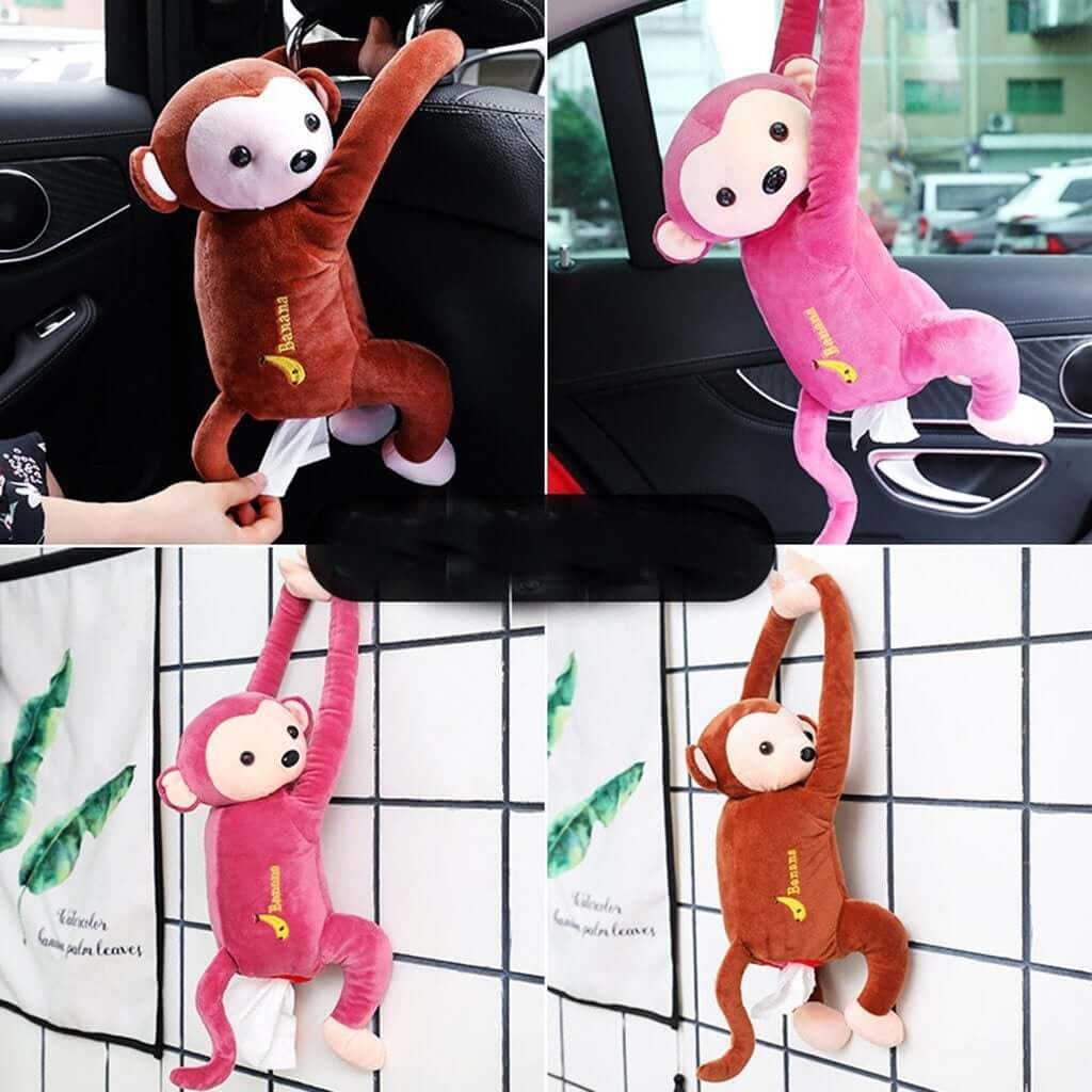 Hanging Monkey Tissue Holder displayed in car and home settings, showcasing its playful design and multi-functional use.
