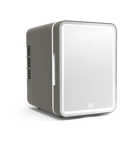 Mini Beauty Fridge with Light in sleek gray design, ideal for keeping makeup and skincare products fresh.