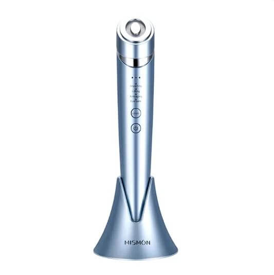Pulse RF Beauty Device in mist blue color, battery-powered with adjustable settings for home use.