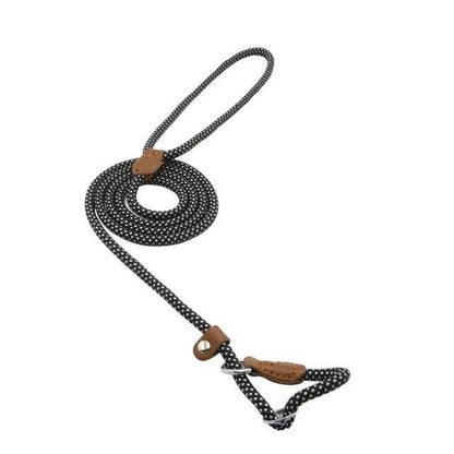 Nylon Pup Set black and white dotted dog leash made from durable nylon with a leather grip handle.