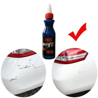 Car scratch remover pen shown next to before and after results of scratch removal on a car.