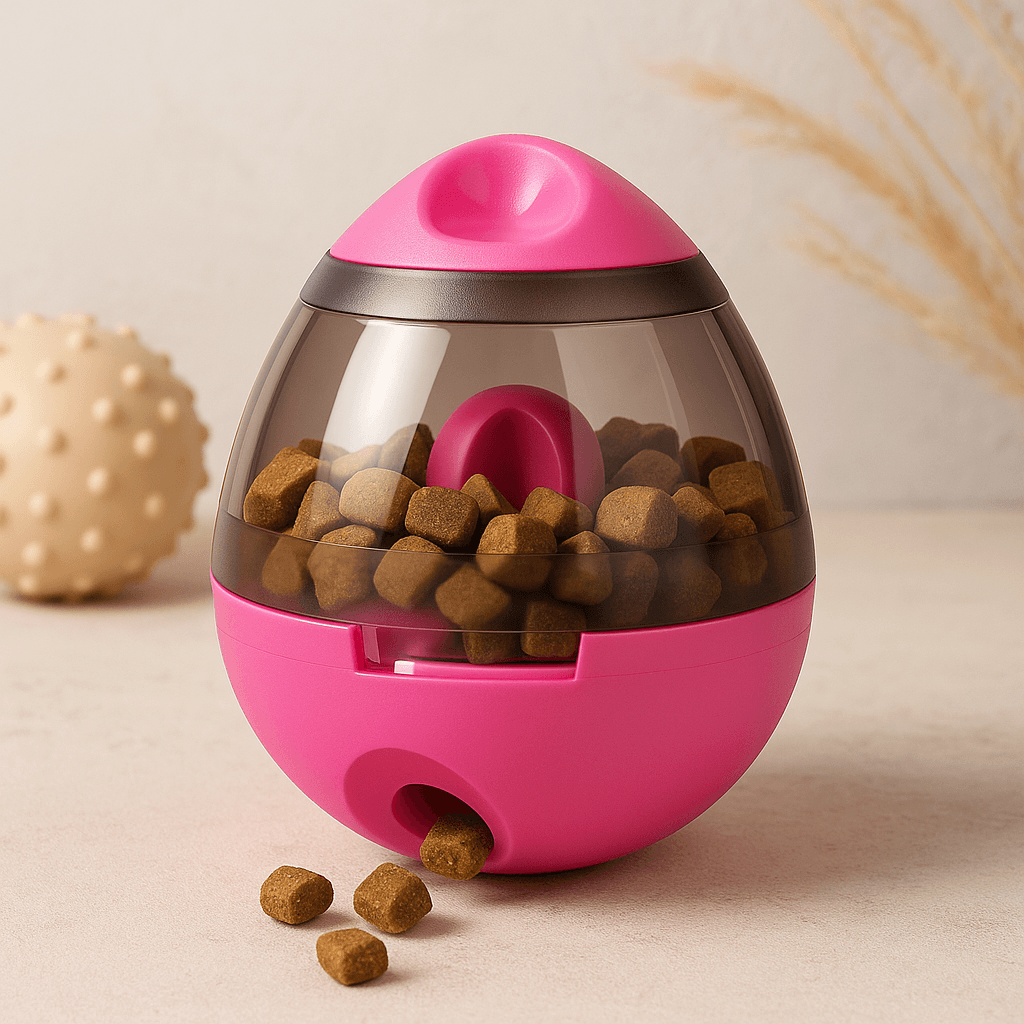 Interactive pet treat ball filled with healthy dog treats, promoting active play and slowed feeding for pets.