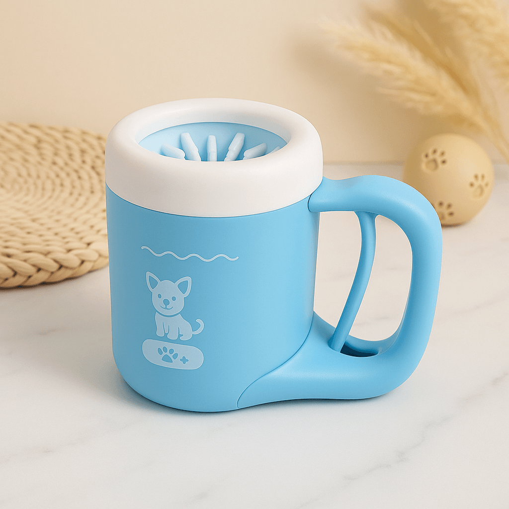 Portable dog paw cleaner with soft silicone bristles in a blue cup design for easy cleaning.