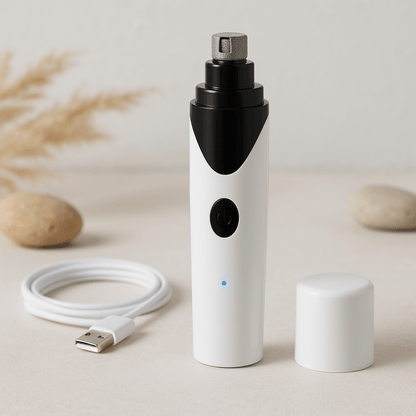 Rechargeable pet nail clipper with charging cable and safety cap for easy pet grooming