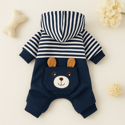 Striped Dog Hoodie Winter Outfit featuring a cute bear design and cozy fabric for chilly days.