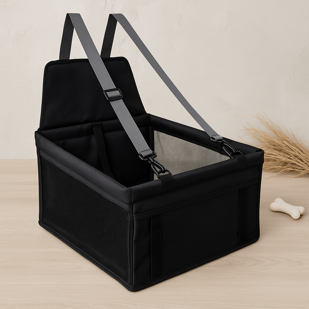 Dog travel car seat carrier with adjustable straps for pet safety and comfort.