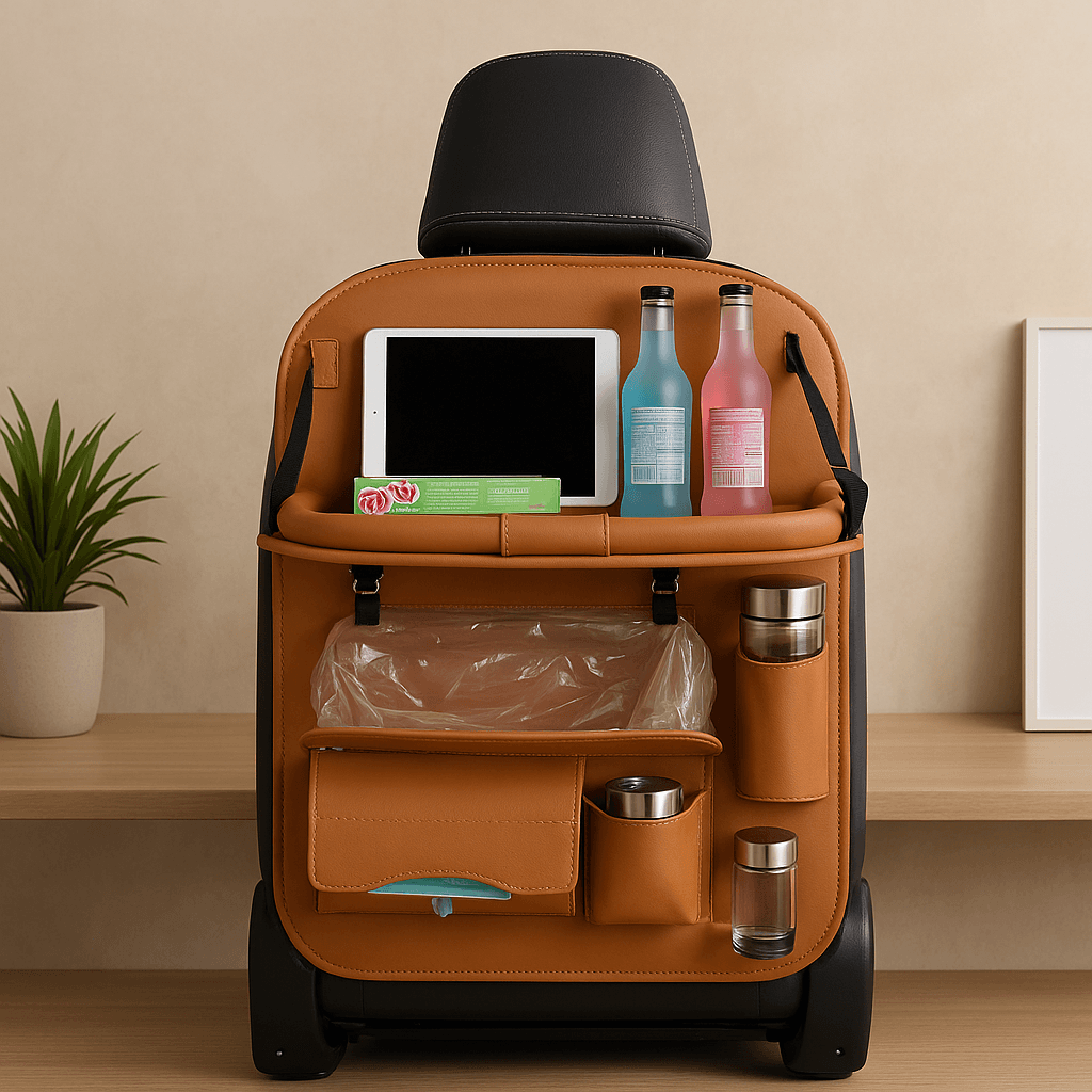 Leather car seat organizer with tray featuring compartments for drinks, tablet, and storage.