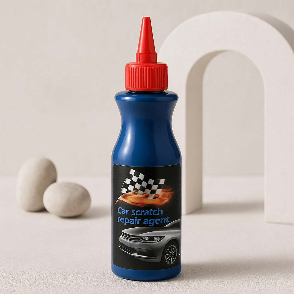 Car scratch remover pen displayed in a sleek blue bottle, designed for quick and effective scratch removal on car surfaces.