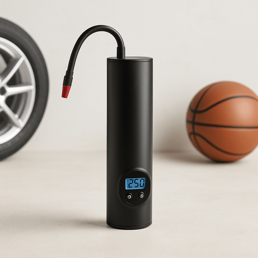 Mini digital tire air pump displayed with a digital gauge, ideal for inflating tires, balls, and more.