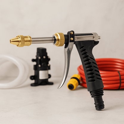 High-pressure car wash spray gun with aluminum body and nozzle, ready for efficient car cleaning.