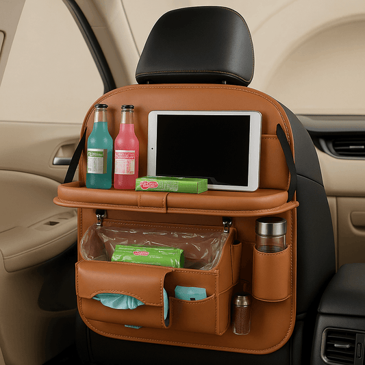 Leather car seat organizer with tray featuring compartments for drinks, snacks, and a tablet in a stylish car interior.
