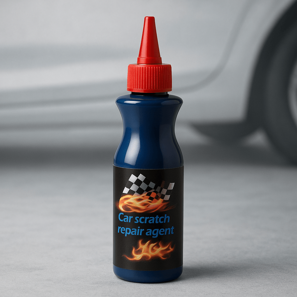 Car scratch remover pen bottle with red cap, designed for quick and easy scratch repair on car paint.