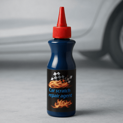 Car scratch remover pen bottle with red cap, designed for quick and easy scratch repair on car paint.