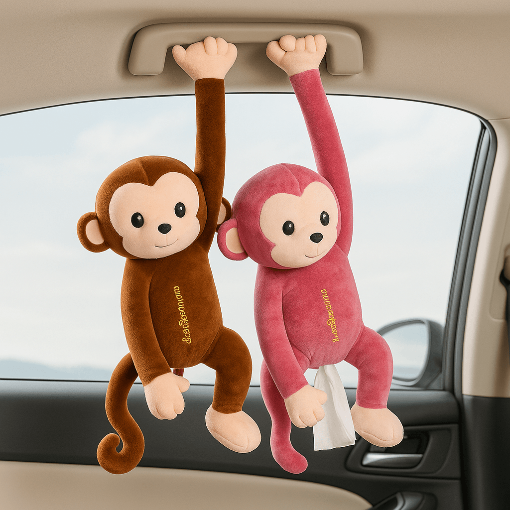 Two hanging monkey tissue holders in a car, offering a cute and functional tissue storage solution.