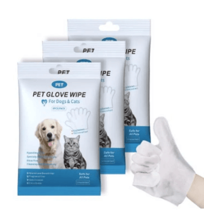 Pet Cleaning Gloves & Wipes in packs with a hand showing a thumbs up for pet hygiene.