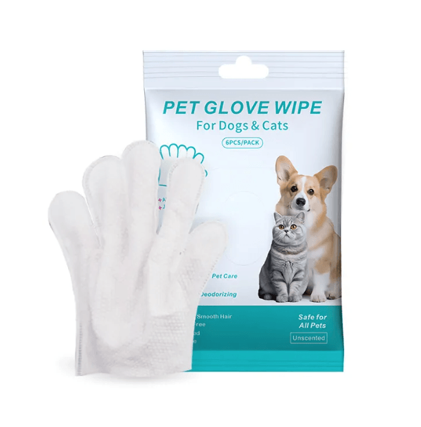 Pet Cleaning Gloves & Wipes for easy grooming and hygiene of dogs and cats, featuring unscented pet glove wipes.