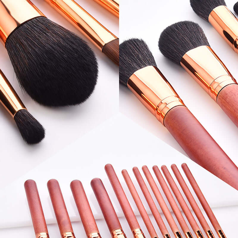 12-Piece Makeup Brush Set with Powder Brush and Wood Brushes featuring soft nylon bristles and wooden handles.