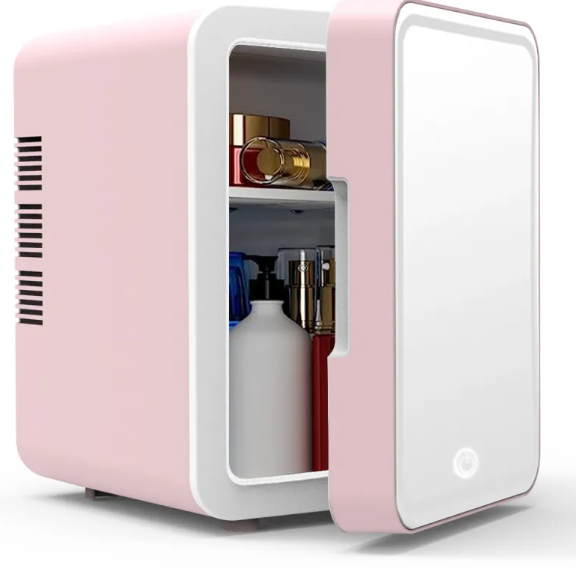 Mini Beauty Fridge with Light storing skincare and makeup products in a compact, portable design.