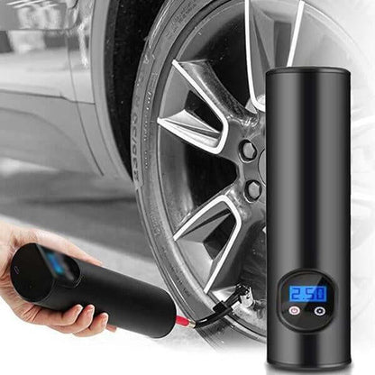 Mini digital tire air pump inflating a car tire with digital display and sleek design.