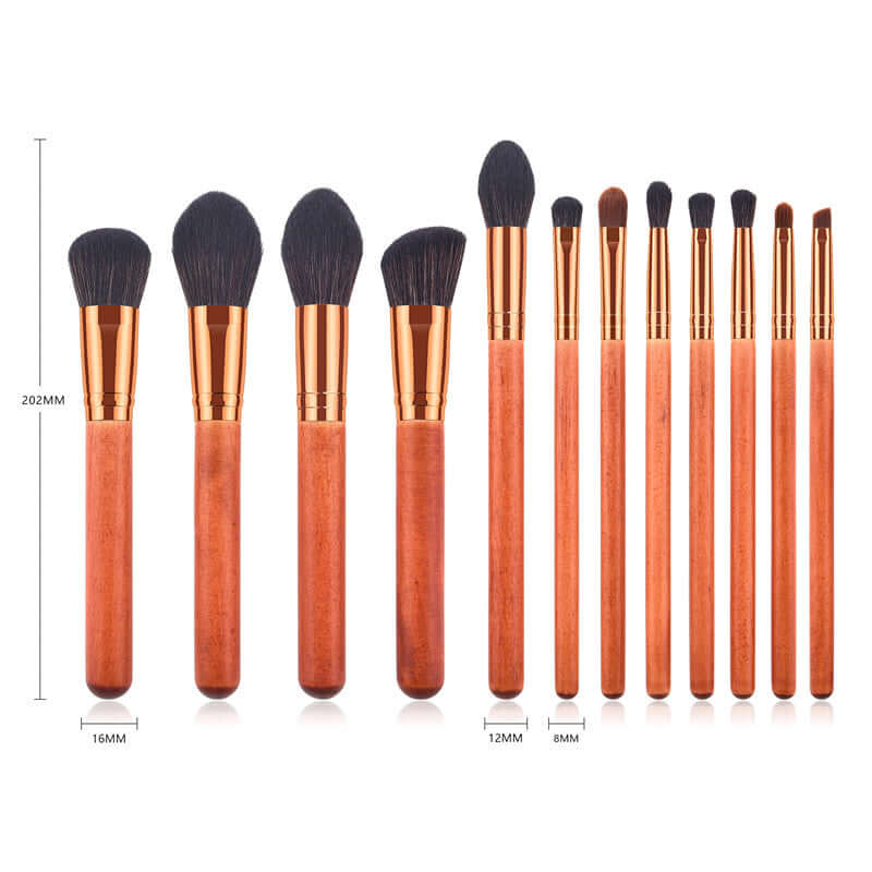 12-Piece Makeup Brush Set with Powder Brush and Wood Brushes displayed with different brush sizes and wooden handles.