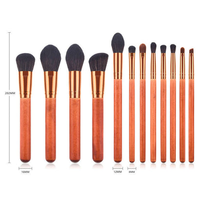 12-Piece Makeup Brush Set with Powder Brush and Wood Brushes displayed with different brush sizes and wooden handles.