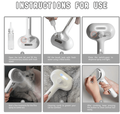 Instructions for using the Pet Hair Spray Brush, demonstrating filling, spraying, and grooming process.