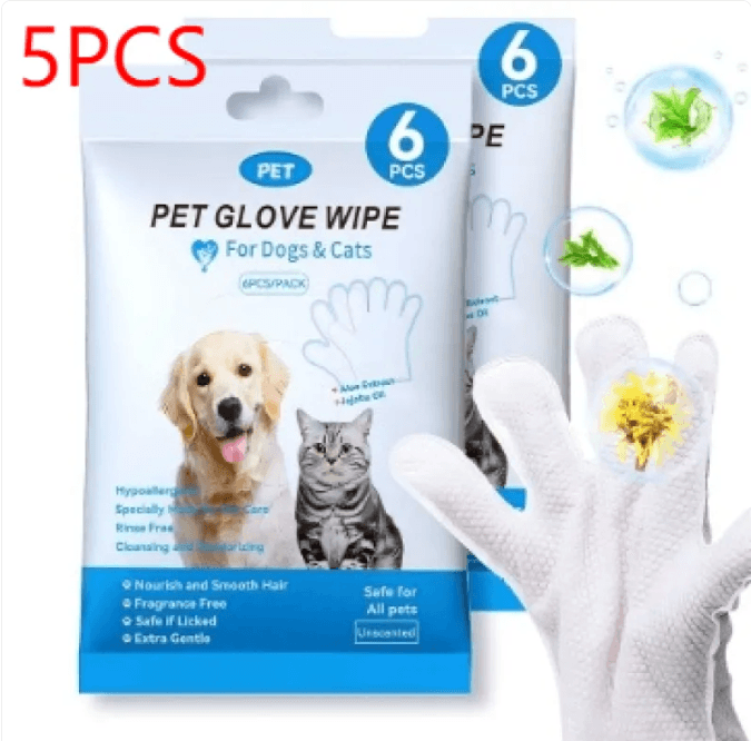 Pet Cleaning Gloves & Wipes for dogs and cats, featuring glove wipes for easy and gentle pet grooming.