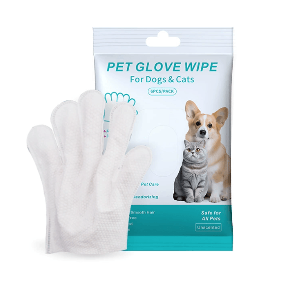 Pet Cleaning Gloves & Wipes for safe and easy grooming of dogs and cats, includes 6 disposable cleaning gloves.