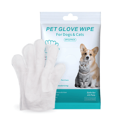Pet Cleaning Gloves & Wipes for safe and easy grooming of dogs and cats, includes 6 disposable cleaning gloves.