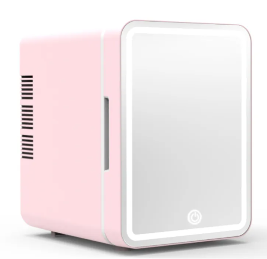 Mini Beauty Fridge with Light in pink color, featuring a mirror and compact design for skincare and makeup storage.