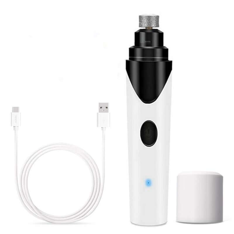 Rechargeable pet nail clipper with USB charging cable and grinding cap for safe nail trimming.