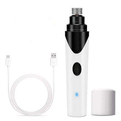 Rechargeable pet nail clipper with USB charging cable and grinding cap for safe nail trimming.