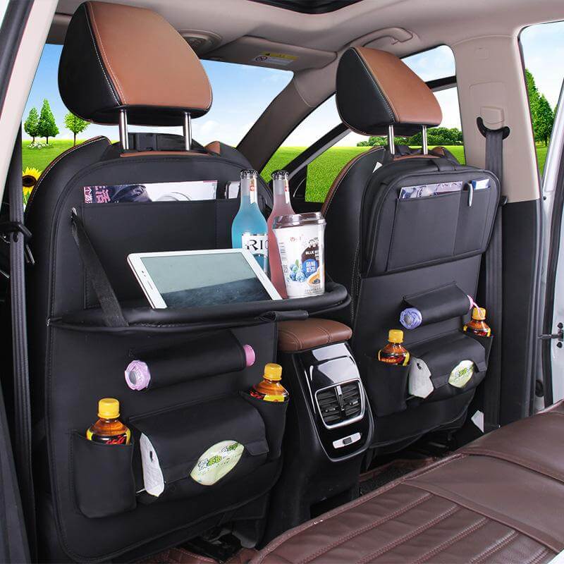 Leather car seat organizer with tray, featuring multiple pockets for drinks and tablets to keep your car neat and organized.