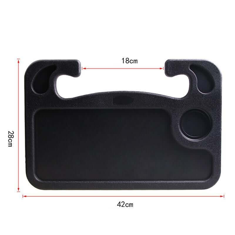 Portable car steering wheel tray dimensions, featuring ergonomic design for writing and eating in vehicles.
