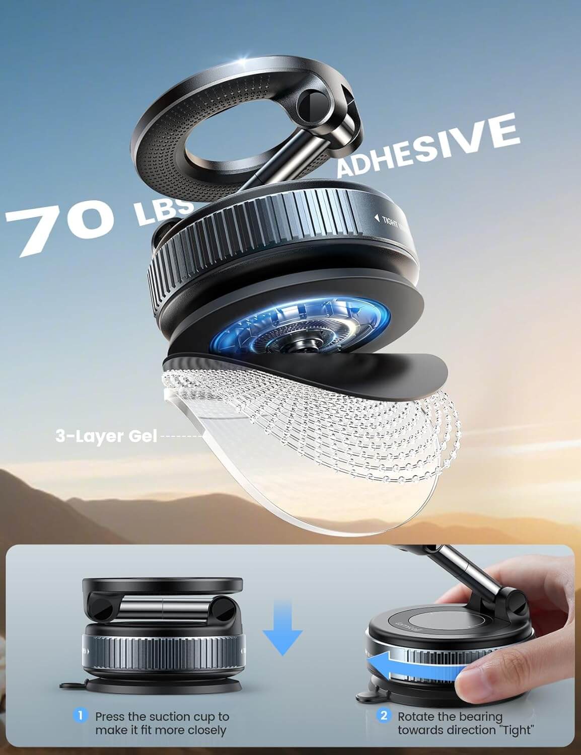 Close-up of the Ultimate Car Phone Grip showcasing its strong adhesive and suction cup design.