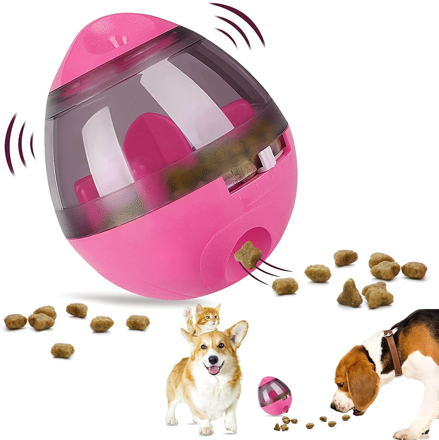 Interactive pet treat ball with pets enjoying treats as they engage with the toy for play and mental stimulation.