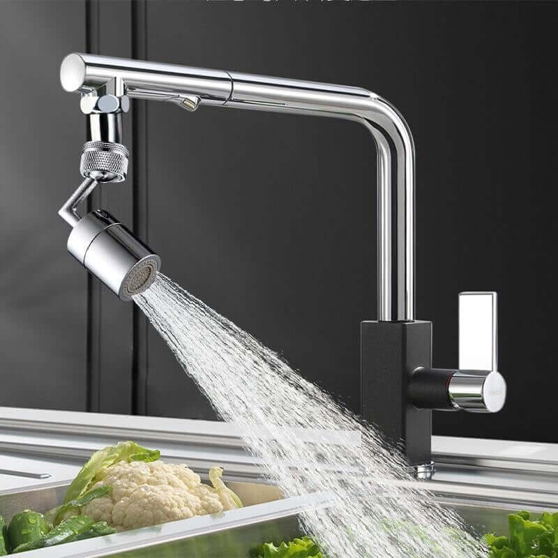 Universal faucet splash guard filter featuring a 360° rotating splash guard pouring water over fresh vegetables.