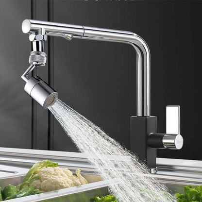 Universal faucet splash guard filter featuring a 360° rotating splash guard pouring water over fresh vegetables.