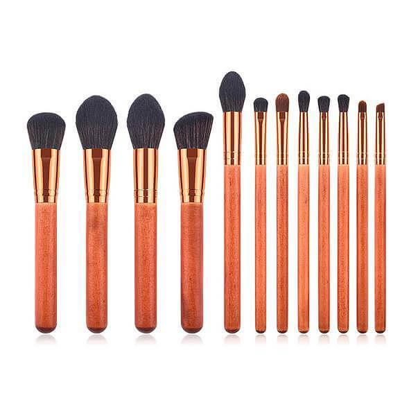 12-Piece Makeup Brush Set with Powder Brush and Wood Brushes displayed in a neat arrangement on a white background.