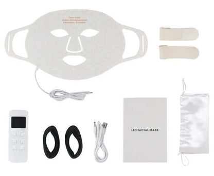 Photon Rejuvenation Beauty Mask components including LED mask, remote, cables, and user guide for skincare.