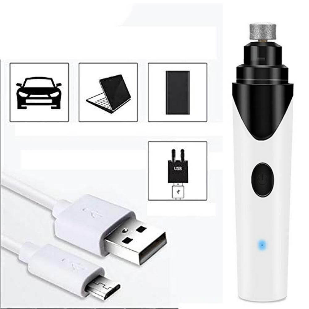 Rechargeable pet nail clipper with USB charging cable and grinding wheel for easy pet nail care