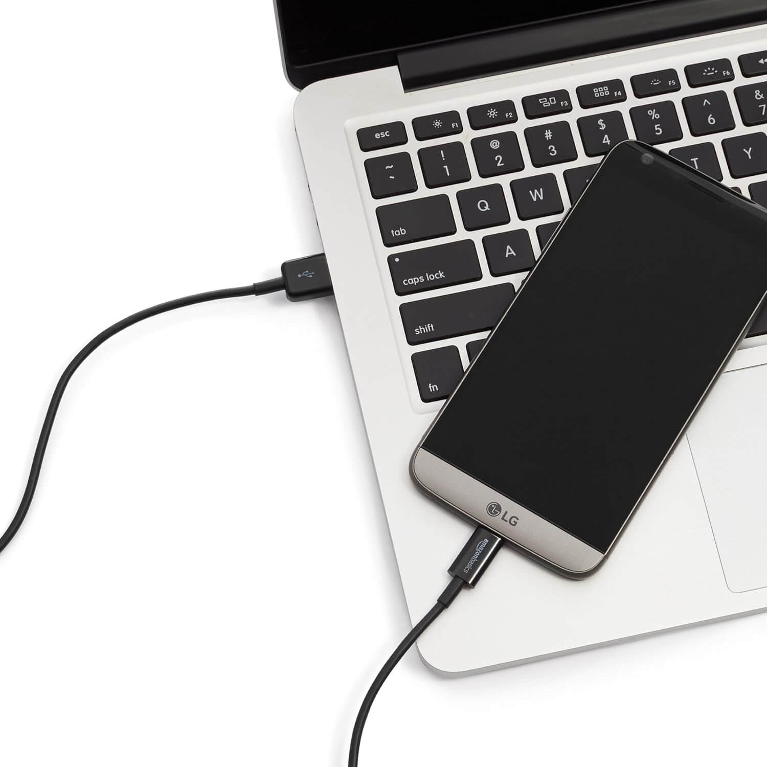 USB-C charging cable pack connecting a smartphone to a laptop for rapid charging.