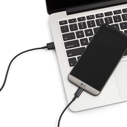 USB-C charging cable pack connecting a smartphone to a laptop for rapid charging.