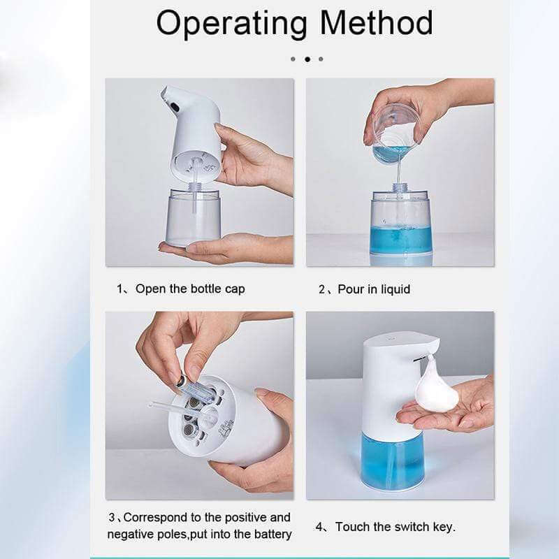 Operating method for the automatic touchless foam soap dispenser showing step-by-step instructions.