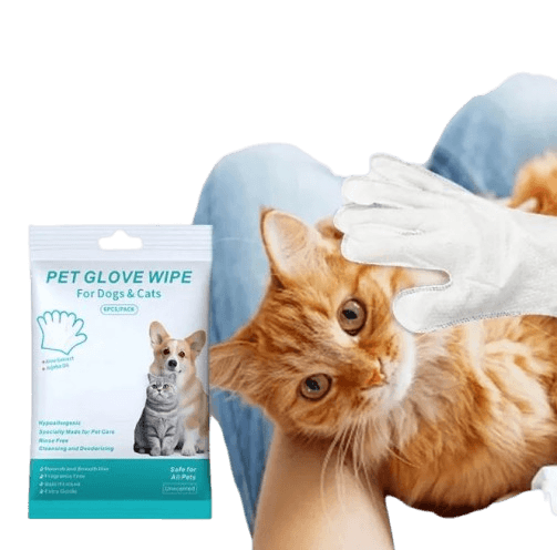 Pet Cleaning Gloves & Wipes showcasing a person grooming a cat with hypoallergenic glove wipes for safe pet hygiene.