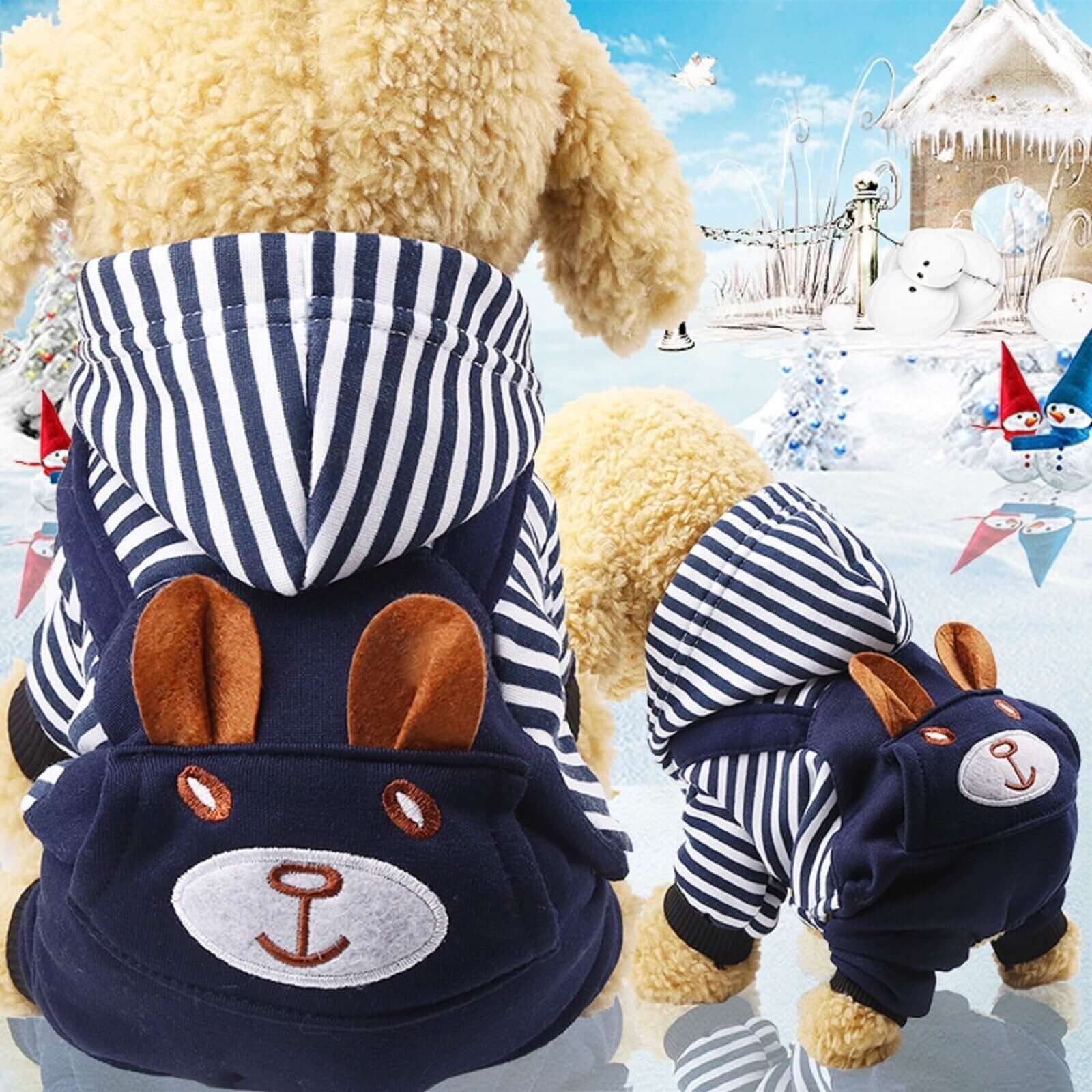 Striped dog hoodie winter outfit for small dogs in a snowy scene, featuring a cozy and cute design.