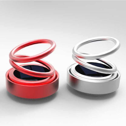 Auto Rotation Car Air Freshener – Double Ring in red and silver with UFO design for stylish fragrance.